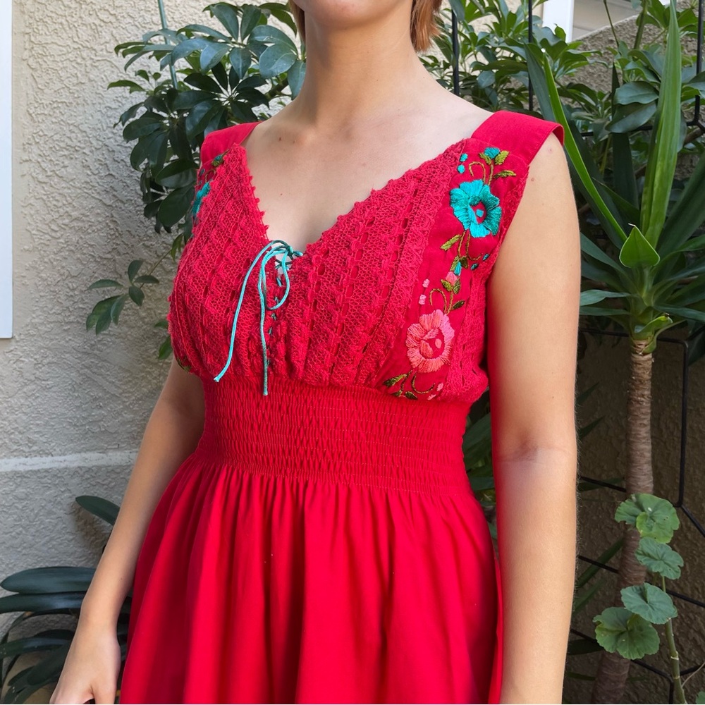 Bright red vintage cotton dress with embroidery